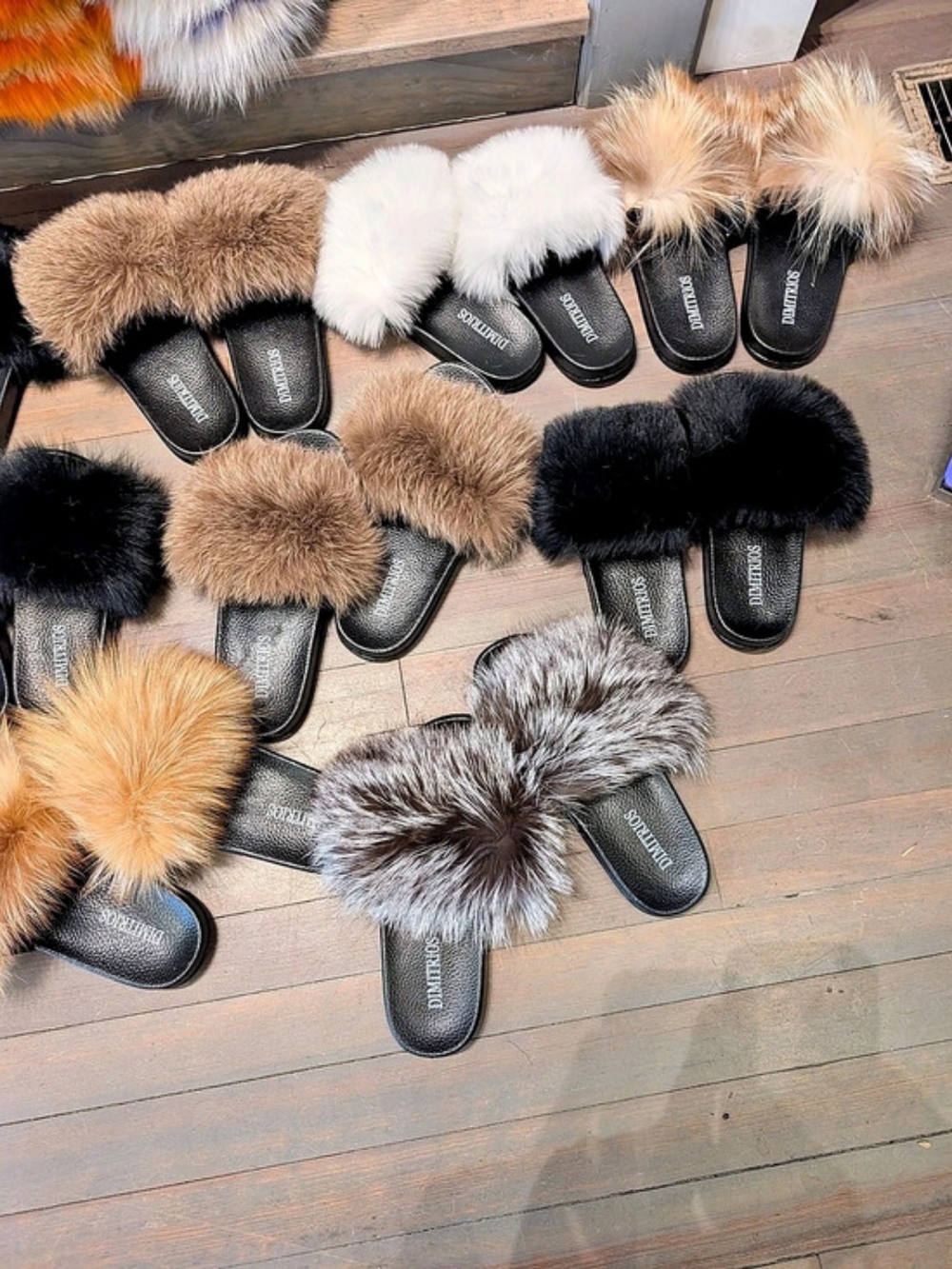 Dimitrios Real Fox Fur Slippers Black & Brown New
